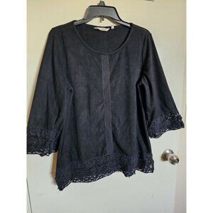 Soft Surroundings Susina Faux Suede‎ Lace Top Bell Sleeve Black Women's Size M